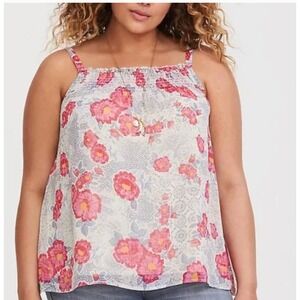 Torrid Floral Smocked Chiffon Tank Sz 2X Adjustable Straps Spring Summer Lined